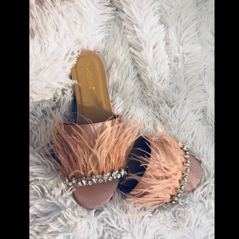 New in box pink rhinestone and feather slides